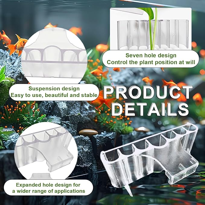 2PC 7 Holes Upgraded Aquarium Plant Holder, Aquatic Plants Cup for Tank, Fish Tank Plant Holder with Long Hook, Aquarium Feeder for Aquascape Decorations on Top of Tank (Transparent-2PC)
