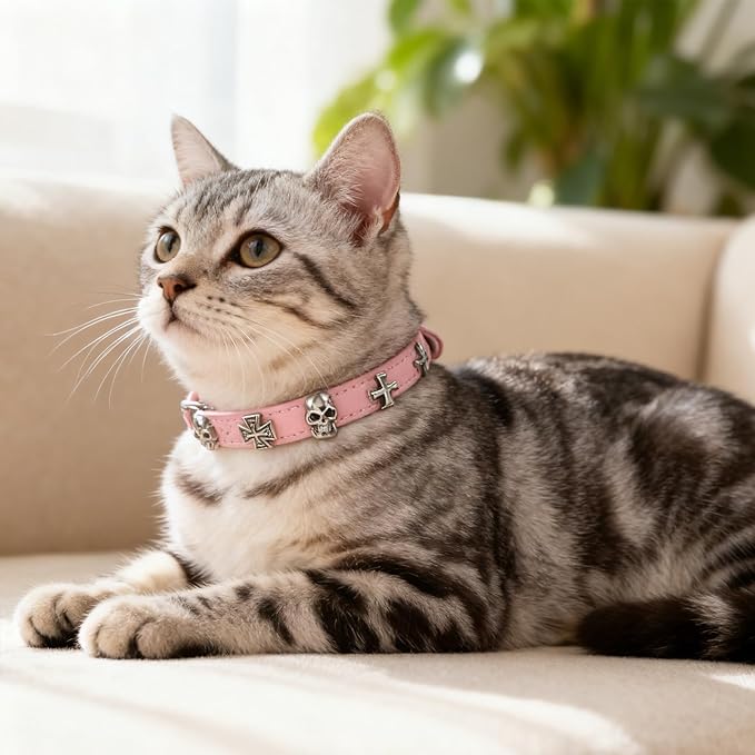 EXPAWLORER Cat Collar for Girl Boy Cats- Adjustable Leather Pet Collar with Safety Elastic Belt,Personalized Punk Accessories Buckle Collars with Bell & Durable D-Ring,Skull（Pink）