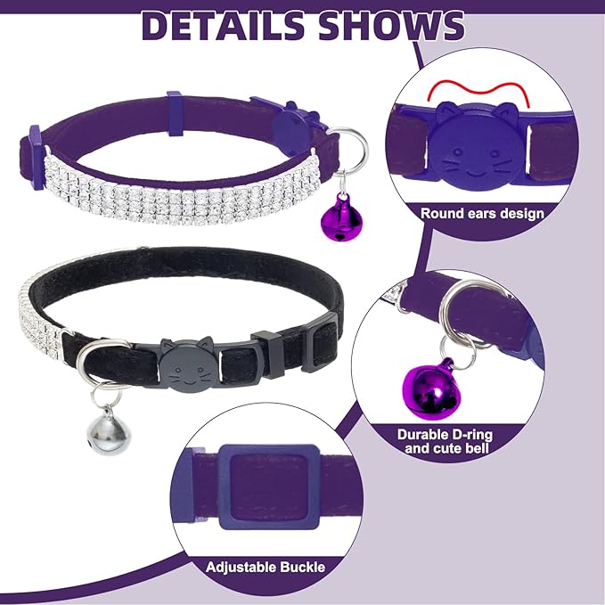 EXPAWLORER Soft Velvet Safe Cat Collars for Girl Cats - Rhinestones Bling Diamante Adjustable Collars Breakaway- Chirstmas Cat Clollar Gifts with Bells for Boy Cats Kitty and Small Dogs