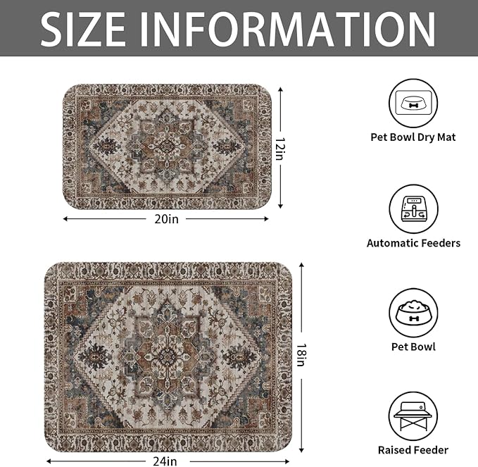 2 Pack Dog Food Mats for Floors, Absorbent and Quick-Drying Pet Cat Food Mat,Anti-Fouling and Easy-to-Clean Pet Feeding Mat,Dog Bowl Mat for Messy Drinking Water Bowls.12 x20+18"x24", Bohemia Style