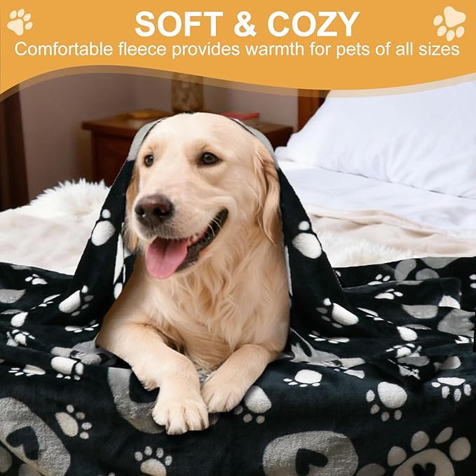 Dog Blanket, Soft Fleece Dog Blankets for Small Medium Dogs, Fluffy Flannel Pet Cat Puppy Blanket Mat Cover for Bed Couch, Cute Paw Print Throw Blanket for Dogs, Black, 40"X30"