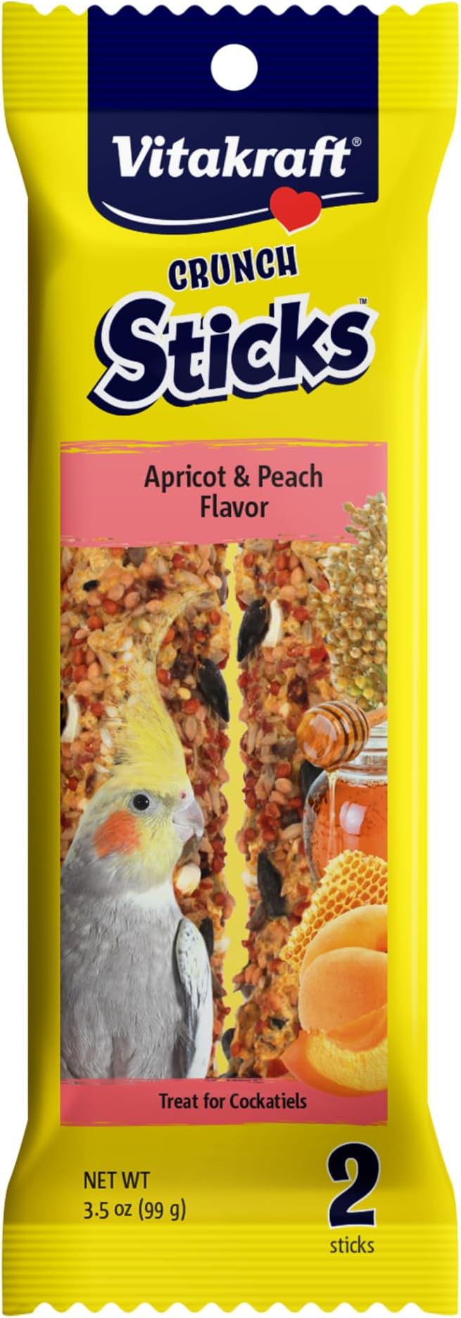 Vitakraft Crunch Sticks Cockatiel Treat Apricot Peach Flavor - Triple Baked Long Lasting Bird Treats with Natural Wood Chew Center for Beak Health and Enrichment - 3.5 oz.