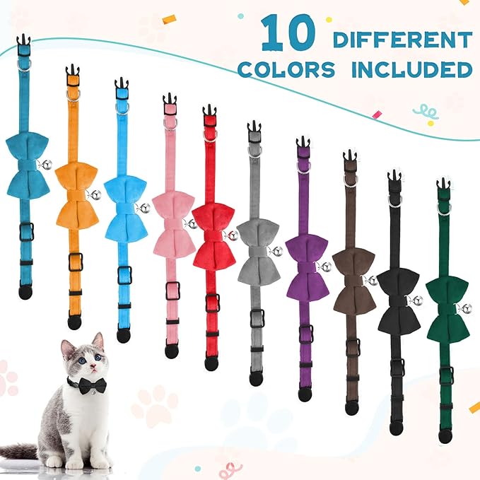 Yahenda 10 Pieces Cat Bowtie Collars with Bell Solid Colors Kitten Bow Breakaway Cat Bowtie for Boys Girls Adjustable Pet Collar with Safety Buckle Kitten Puppy Pet Accessories