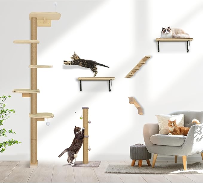 Wild Simulation Cat Tree for Kittens, 5-Level Floor to Ceiling Cat Wall Shelves with Sisal Mat Platforms, Rotating Wall-Mounted Climbing Tower for Scratch, Lookout & Perch