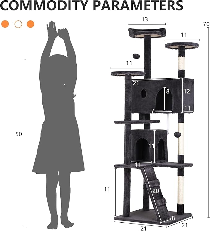 70 Inch Dark Gray Cat Tree, Tall Cat Tower with 2 Condos, 3 Scratching Posts, Multi-Level Platforms - Sturdy Climbing Structure Tall Cat Tower for Indoor Cats