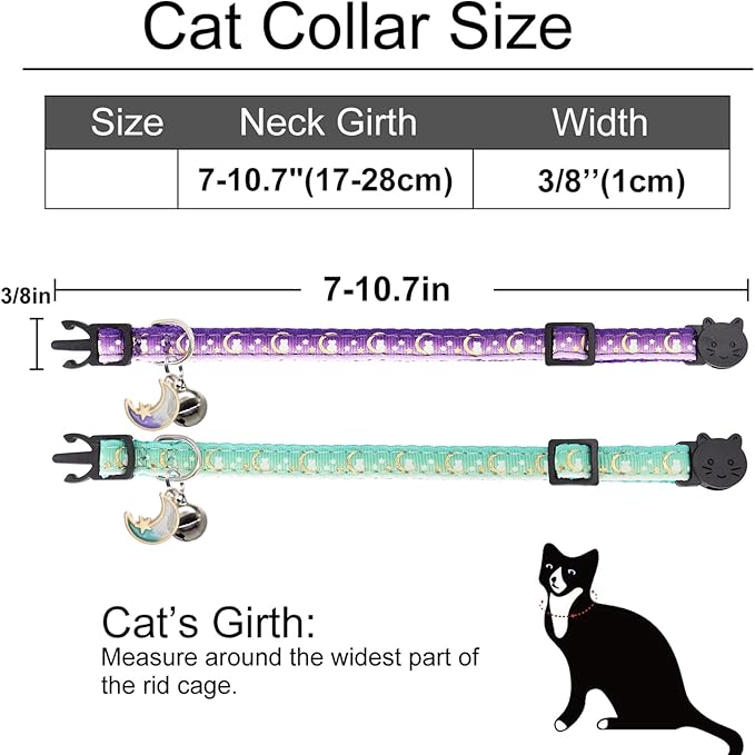 2 Pack Breakaway Cat Collar with Bells,Adjustable Moon and Star Kitten Safety Collars for Boys & Girls,Purple+Teal