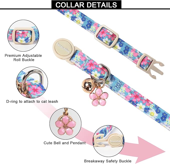 Lionet Paws 2pcs Pack Cotton Cat Collar,Breakaway Buckle with Floral Strawberry Bow and Flower Pendant Cute Adjustable Cat Kitten Collar,Ideal for Girl Cats