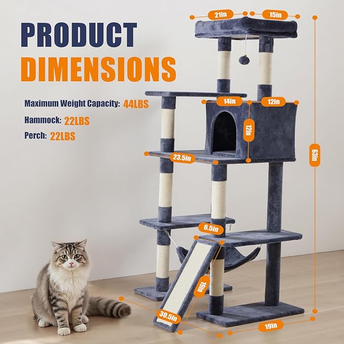 Sweetcrispy 63 inch Cat Tree Tower, Large Multi Level Cat Climbing Tower with Condo, Natural Sisal Scratching Posts, Extended Platform, Hammock, Pet House for Indoor Cats and Kittens Play, Dark Grey