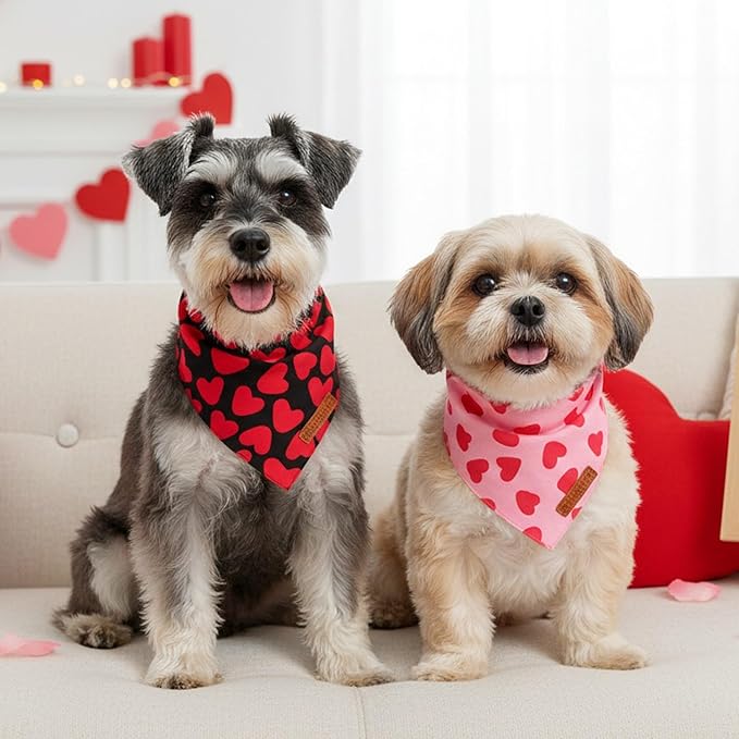ADOGGYGO Valentine Dog Bandana 2 Pack, Reversible Red Pink Heart Puppy Scarf Bib, Adjustable Fit Valentine Bandanas for Small Dogs Pets (Small)