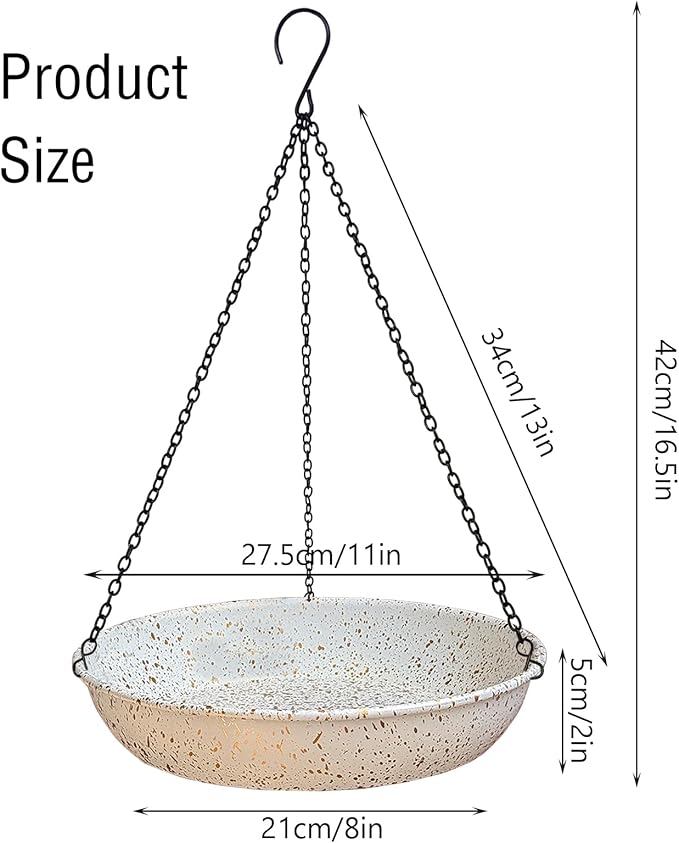 Hanging Metal White Birdbath with Gold spot 11 inches Wildbird Bird Feeder for Outdoor with Black Chains for Garden Yard Decor
