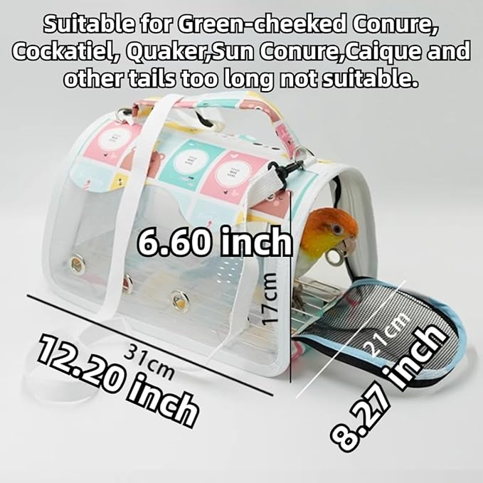 Bird Carrier Bag Bird Travel Cage with Indestructible Stainless Steel Mesh, Feeder Cups and Stand Perch, Portable Bird Travel Bag, Pet Transparent Breathable Travel Cage (Black,Medium)