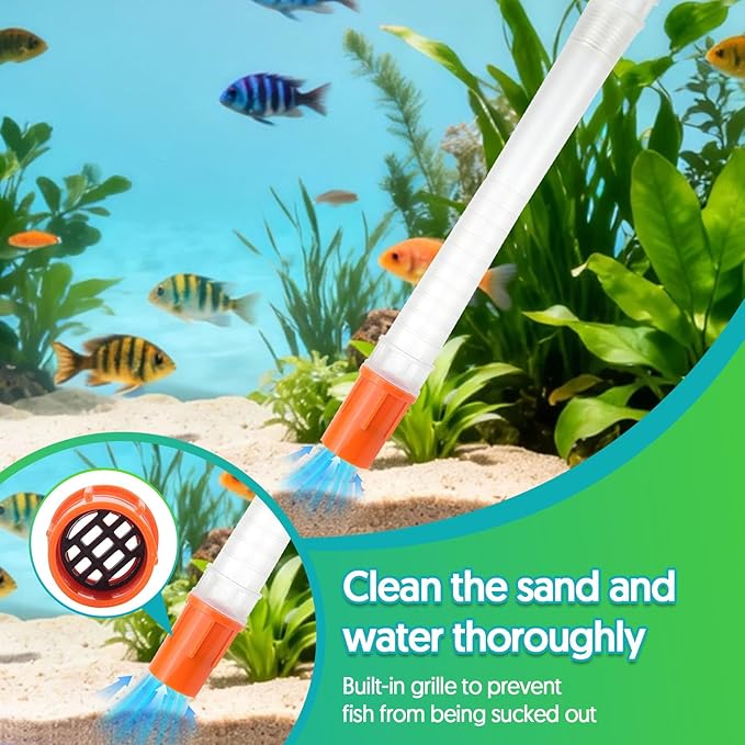 Fish Tank Cleaner Gravel Vacuum for Aquarium Water Changer Aquarium Siphon with Double Sided Sponge Brush Algae Scraper Fish Tank Cleaning Kit for Cleaning Gravel & Sand (Orange)