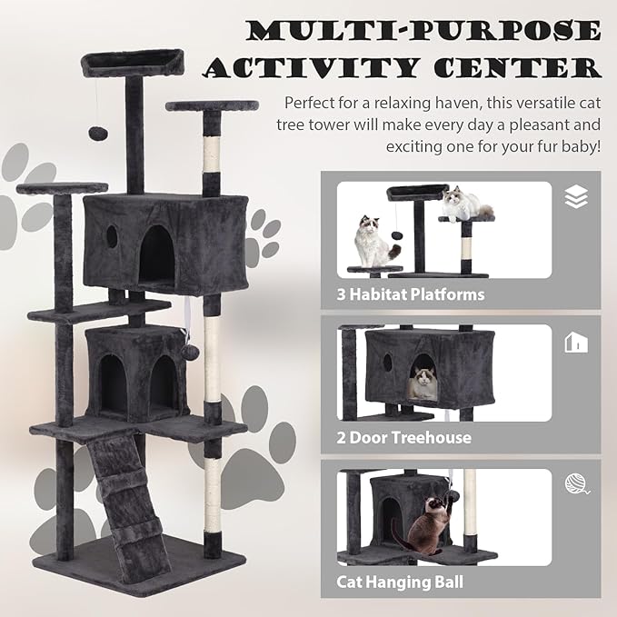 Heavy Duty Cat Tree Tower, 70" Tall Cat Tower for Indoor Cats with Cat Scratching Post with Bed, Cat Condo, Hanging Ball, Multi-Level Cat Climbing Tower Cat Trees Furniture Activity Center, Light Grey