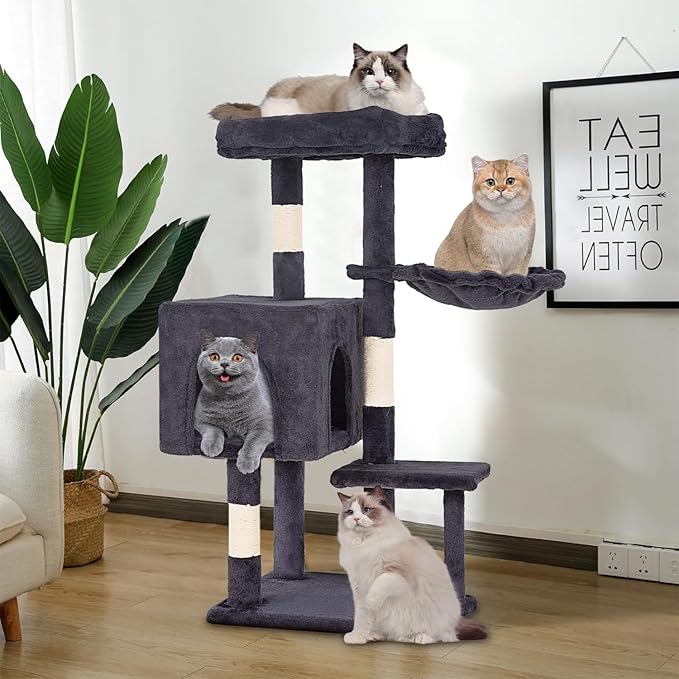 FDW | 37.8" Cat Tree Tower | Dark Gray | Multi-Level Indoor Activity Center with Sisal Scratching Posts, Condos, Plush Perches, Hanging Cat Toys | Sturdy, Easy to Assemble | for Kittens & Adult Cats