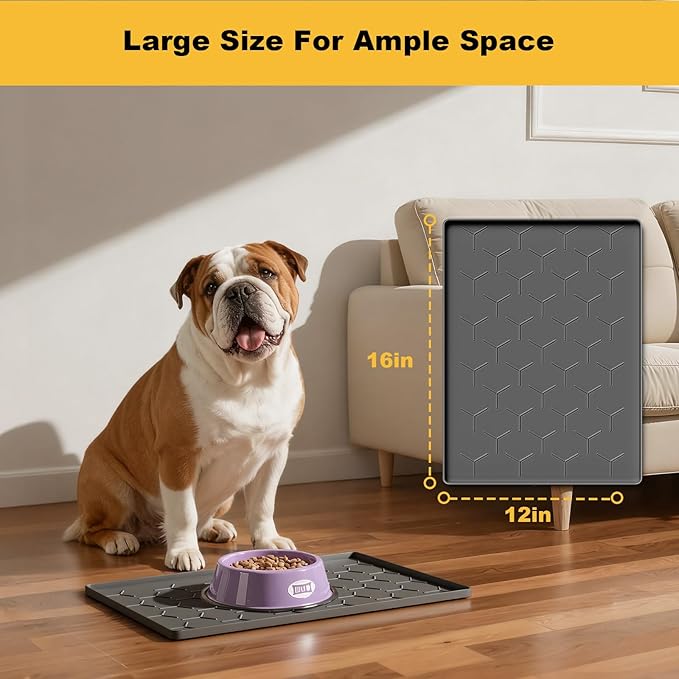 Pieviev 16''x12'' Dog Cat Food Bowl Mat, Silicone Waterproof Food Grade Pet Food Mat for Floor, High Raised Edge to Prevent Spills, Non-Slip & Easy Clean Pet Placemat for Dog & Cat Bowls, Dark Gray