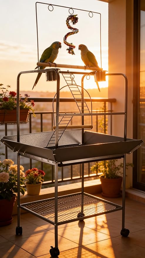 62 Inch Bird Cage with Wooden Perches, Standing Wrought Iron Birdcage with Wheels, Large Parrot Cage Bird Cages with Slide-Out Tray Water Bottle Feeder for Parakeets,Cockatiel, Canary,Pigeons