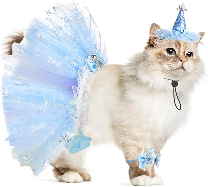Cat Birthday Princess Costume for Kitten Crown Hat Tutu Skirt Kitten Princess Hat Cat Bandana Halloween Small Pet Outfit for Cats Kittens L