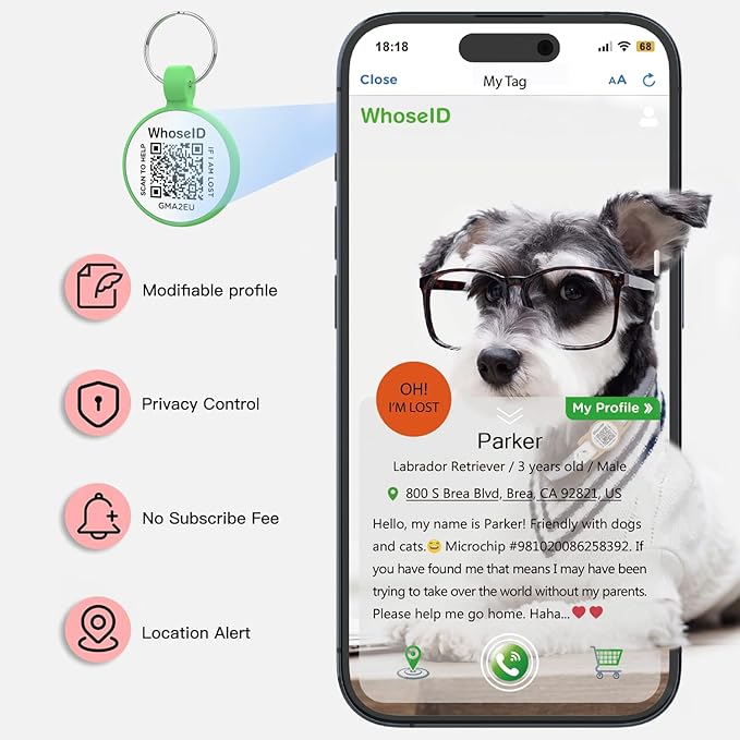 ESA Dog Tag, QR Code Dog Tag, Modifiable Free Pet Online Profile, Scannable QR Code, Scan QR Send Instant Location Alert Email, Silicone Lightweight ID Tag for Dog and Cat (Green, Regular)