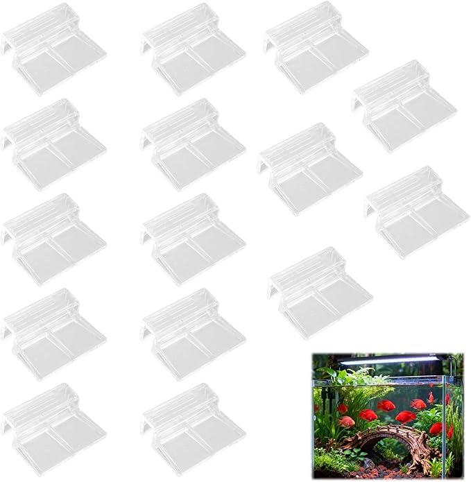 15 Pcs Rimless Aquarium Lid Clips for 7-8mm Glass, Clear Acrylic Aquarium Cover Support Clamps for Fish Tank Lid Holder, Plastic Tank Top Clips for Glass Canopy or Piscine Hoods and Covers