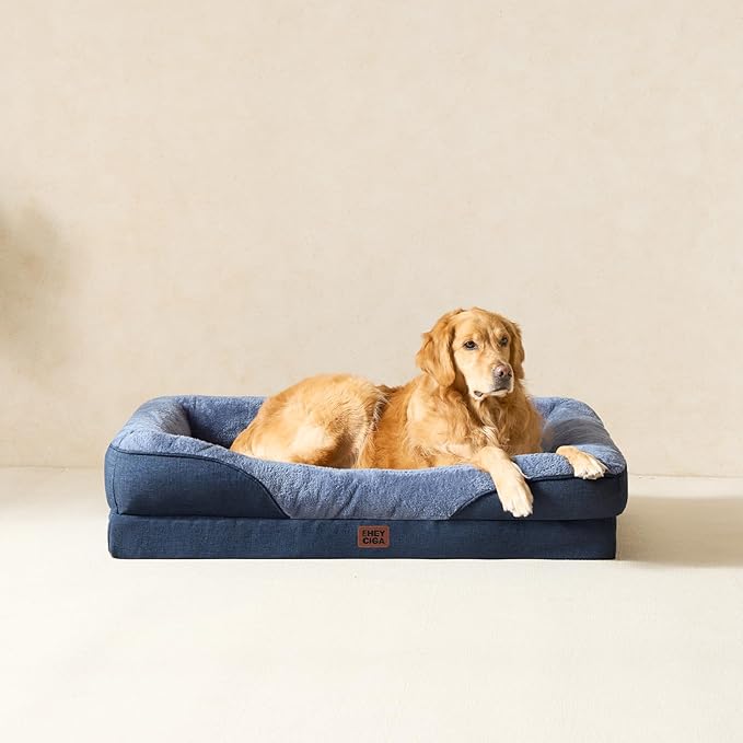 EHEYCIGA Orthopedic Dog Bed for Large Sized Dog, 41x27x7.5 Inch Large Memory Foam Dog Couch Bed with Sides, Waterproof Liner & Washable Removable Cover, Bolster Pet Sofa, Navy
