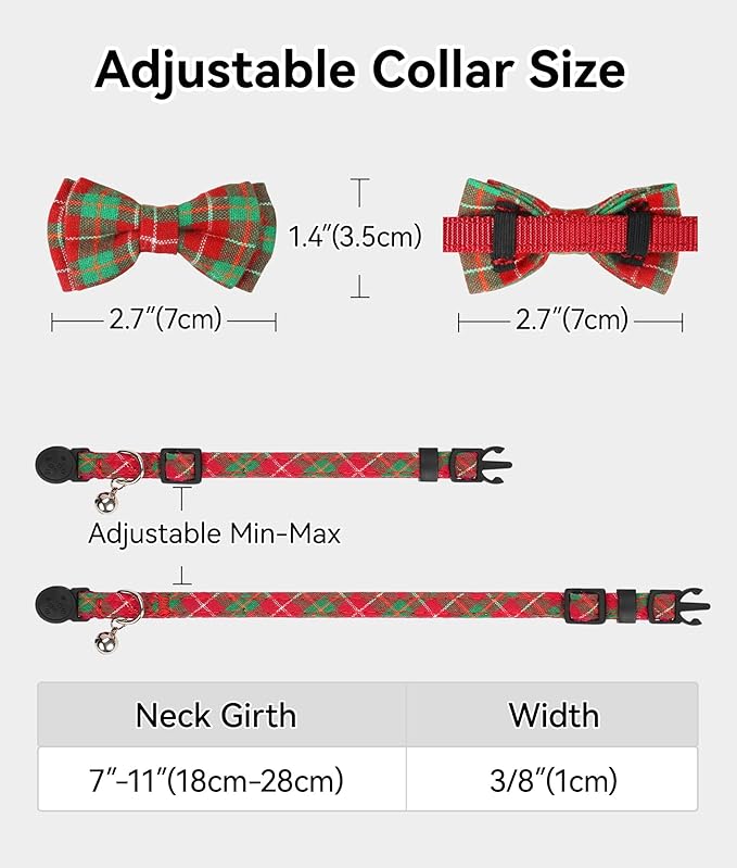 Joytale Upgraded Christmas Cat Collar with Bells, Breakaway Cat Collars with Bow Tie, 1 Pack Girl Boy Safety Plaid Kitten Collars, Red+Green Plaid