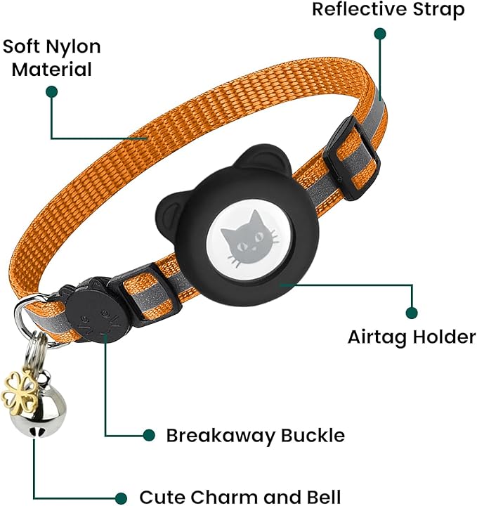 Cat Collar with AirTag Holders, 3-Pack, Reflective Breakaway Safety Collars, Bells and Matching Charms, Adjustable, Paw Hearts, Moon Stars Design, Lucky Charm, Red, Blue, Black (Orange)