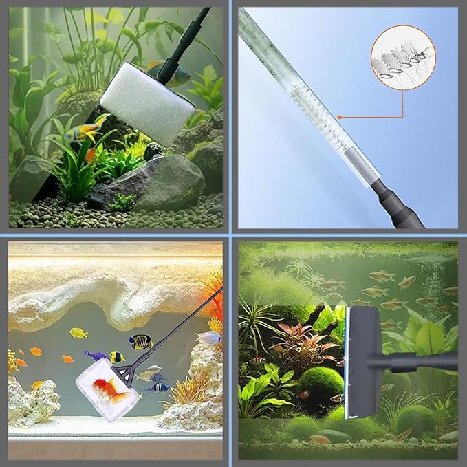 Carefree Fish 7IN1 Aquarium Cleaning Tools Long Handle Adjustable Length 18~24Inch Fish Tank Cleaner Kit Algae Scraper Scrubber Brushes Set Plant Scissor Long Tweezer
