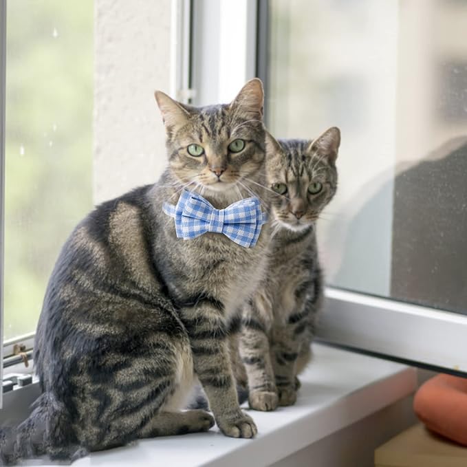 AIITLE Breakaway Cat Collar with Cute Bow Tie and Bell, Detachable Adjustable Safety Collars for Girl Cats and Boy Cats, Kittens, Puppy, Soft Stylish Plaid Patterns Cat Collars,Blue