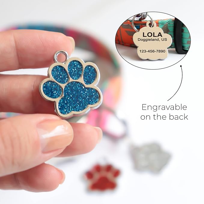 Paw Shape Dog ID Tag Stainless Steel Custom Laser Engraved, Cute Bling Glitter Pet Name Tags Personalized with Durable Engraving (Silver Sparkly Paw)