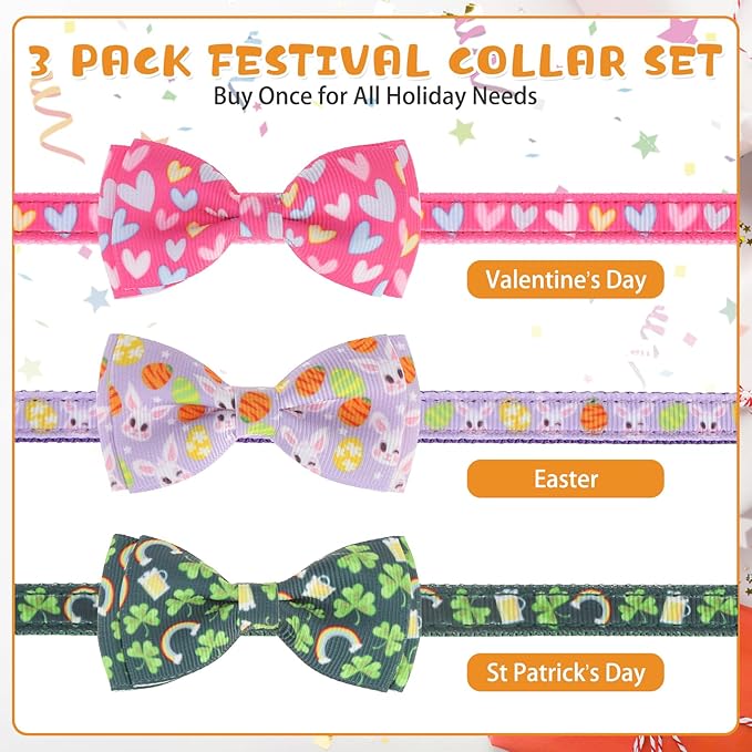 KOOLTAIL St Patricks Day Cat Collars Breakaway with Bowtie and Bells,3 Pack Adjustable Fancy Easter Kitten Collar with Safety Buckle for Girls Boys Kitty,Cute Cat Charm Pendant Holiday