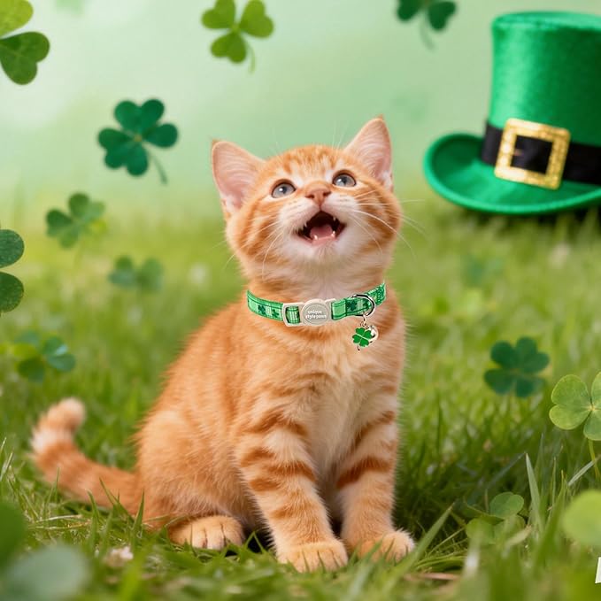 Unique Style Paws Saint Patrick Cat Collar,Shamrock Cat Collars,Green Kitten Collar Breakaway Buckle,Adjustable St. Patrick Day Puppy Collar,Ideal Gift for Boy Girl Cats