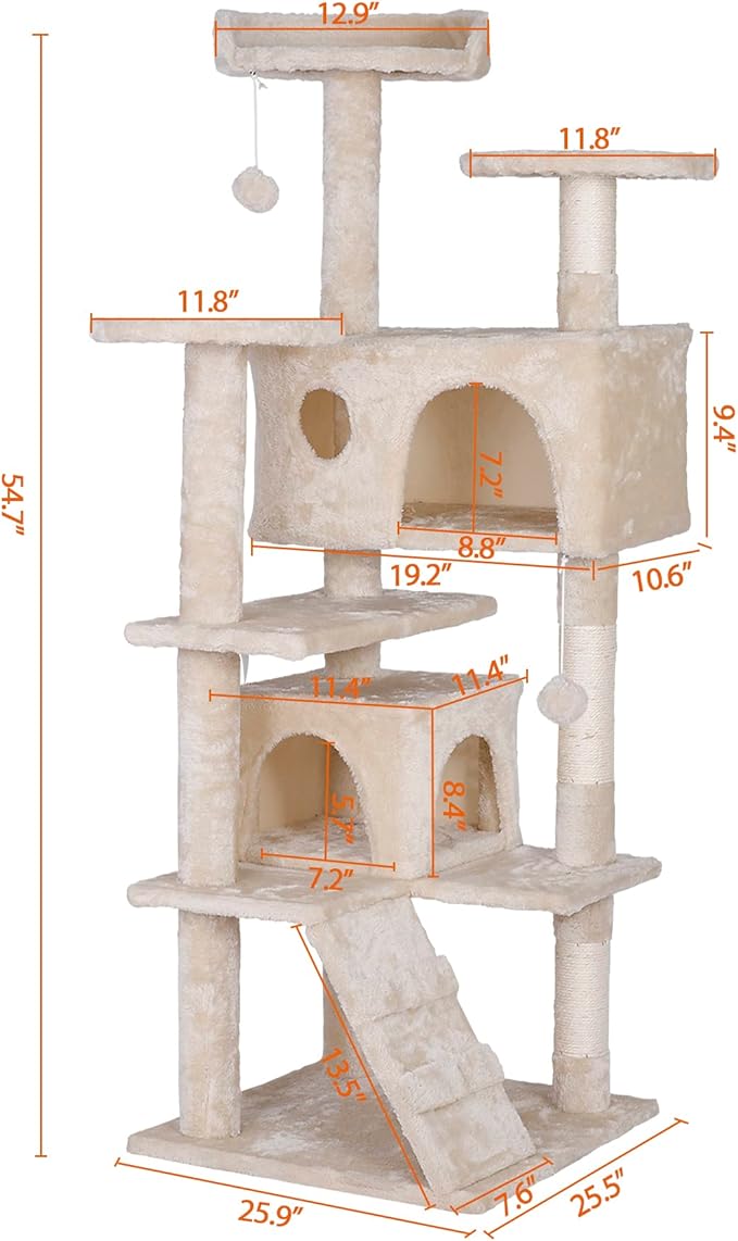 Premium Cat Tree 54-Inch Tall, Large Cat Condo Furniture with Sisal Posts and Plush Platforms, Luxury Lounger and Scratch Post for Happy Indoor Cats (Beige)