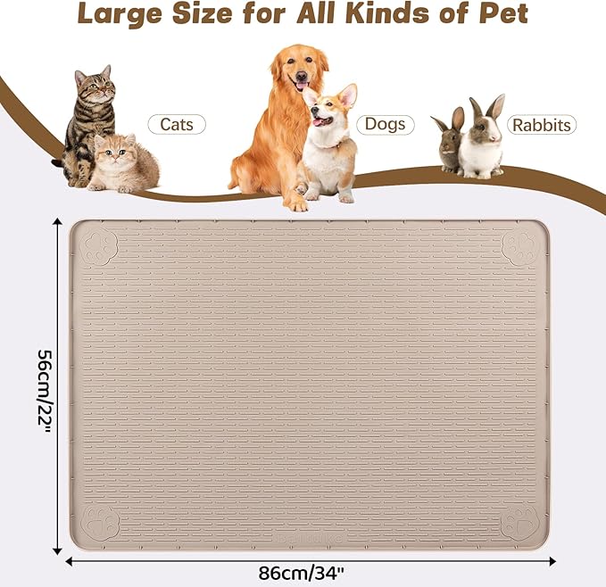 Cat Food Mat, 34" x 22" Large Silicone Pet Feeding Mat for Food and Water Bowls Non-Slip, Easy to Clean (Khaki)