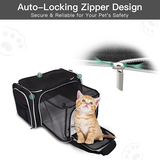 BAGLHER Expandable Cat Carrier with Travel Litter Box, Pet Travel 5 Sides Open Doors 3 Sides, Leak-Proof and Collapsible, for Car, Airplane Trip, Black