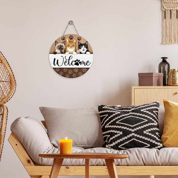 Deroro Welcome Cats Front Door Sign, Paw Prints Wood Door Hanger Outdoor Outside Porch Decor Pet Lover Owner Gifts, Farmhouse Wooden Wreath Indoor Wall Hanging Decoration
