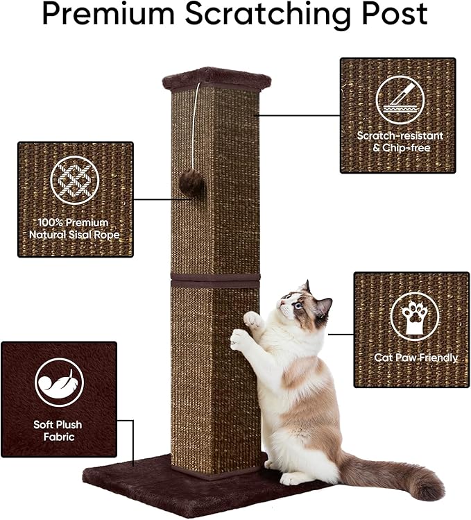 Cat Scratching Post 32 Inch for Indoor Large Cats and Kitten, Nature Sisal Tall Cat Scratch Post, Sisal Cat Scratcher Improve Cat's Scratching Habits and Protect Your Furniture, Full Brown