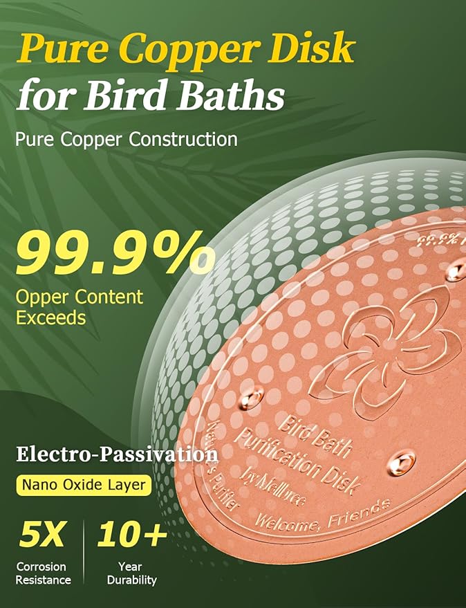 Mellbree 3-Pack Bird Bath Copper Disk, 0.6mm Reinforced 99.99% Pure Copper Cleaning Disk with Triple-Point Support for Physical Safe Clean Water All-Season (Flower)