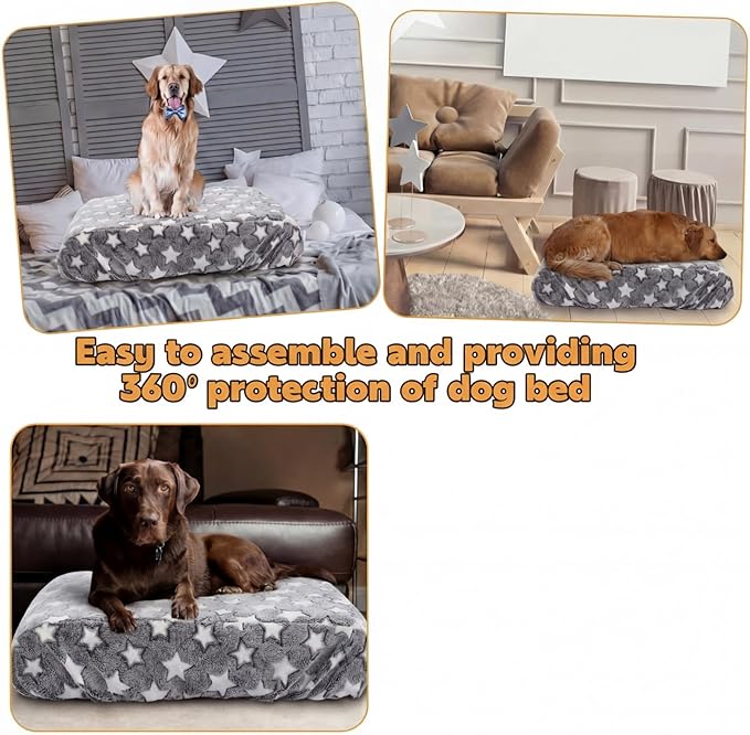 Youyole Large Washable Rectangle Dog Bed Cover Replacement Waterproof 36 x 23 x 6 in Bed Cover for Dog Cat Gray Soft Plush Velvet Pet Beds Protector Sheet with Lovely Star Print for Puppy Pet Couch