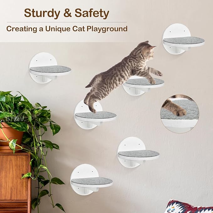 Cat Wall Shelves Furniture Set of 6, Wooden Cat Steps for with Scratching Pad, Sturdy Floating Climber Ladder Stairs, Cats Climbing Wall Systems for Cats Sleep Climb Play (White)