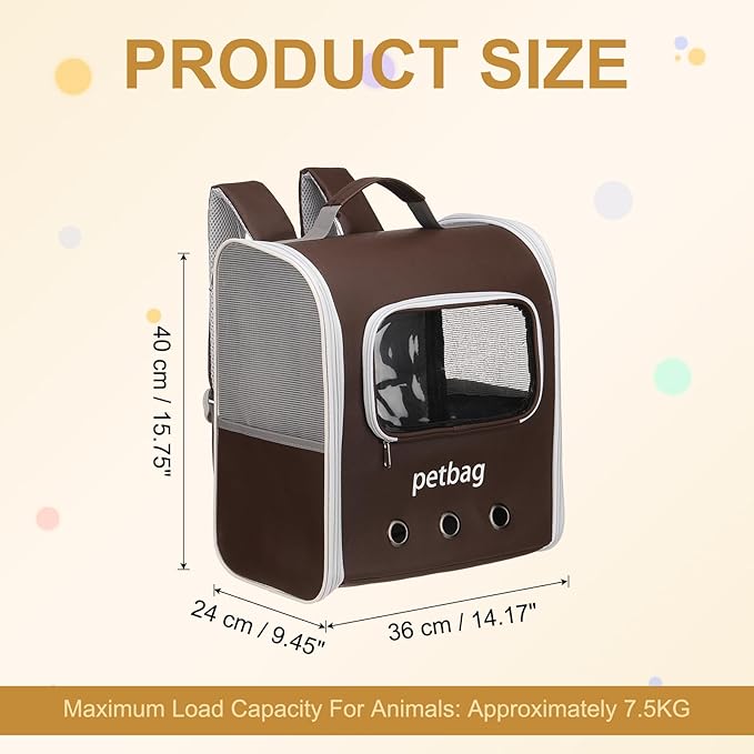 Pet Backpack Carrier, Portable and Ventilated, Oxford Cloth, Dogs Cats and Small Animals Travel Bag 14.17", (Brown, 1 Pcs), Intended for Hiking/Camping/Traveling