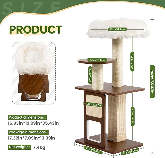 Cat Tree, 37.4-Inch Cat Tower with Plush Cozy Perch for Indoor Cats, Sturdy Tower with Fully Sisal-Wrapped Columns and Plush Toy Ball for Kitty Play,