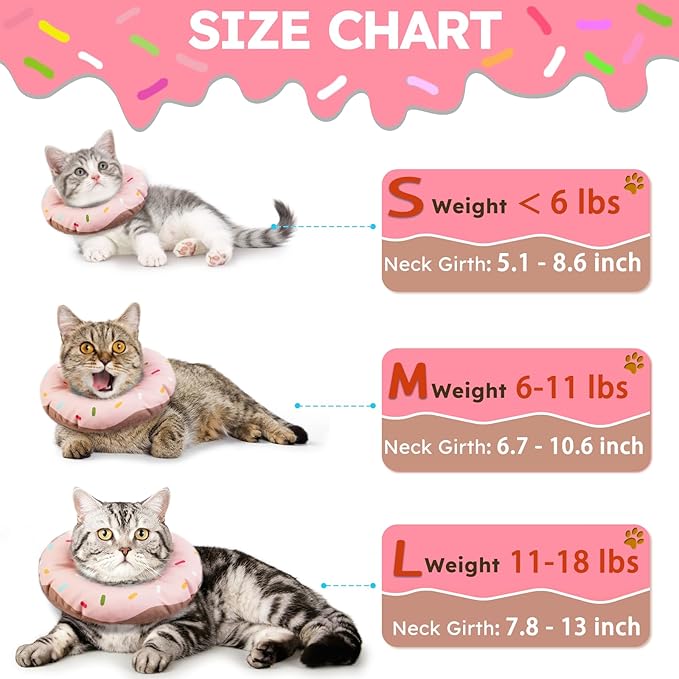 Cat Cone Collar Soft, Waterproof Cat Recovery Collars Spay Cones to Stop Licking Cute Donut E Collar After Surgery Anti-Lick Wound Healing Safety Elizabethan Collar for Kittens (Donut Pink, Medium)