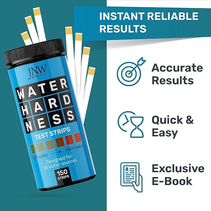 Water Hardness Test Kit - Quick and Accurate Water Hardness Test Strips - Hard Water Test Kit with eBook - Ultimate Test Kit for Water Hardness - 150 Water Softener Test Strips by JNW Direct
