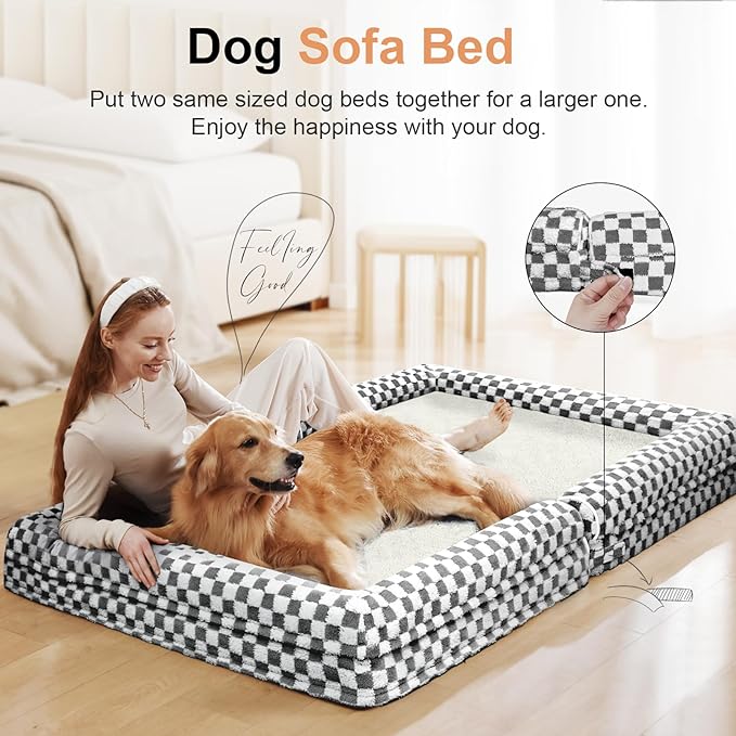 Large Dog Bed Orthopedic Washable: Beds Bolster XL Bed Medium Large Dogs Egg Crate Foam Couch Sofa Waterproof with Removable Cover - Dark Grey Grid