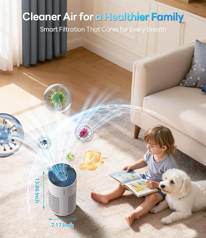Air Purifiers for Home Large Room Cover Up to 1500 Ft² with True HEPA Filter, 20dB Sleep Mode, 360° Air Intake & Outlet, Air Cleaner for Bedroom Pets, 7 Color Light, HAP604, Bright White