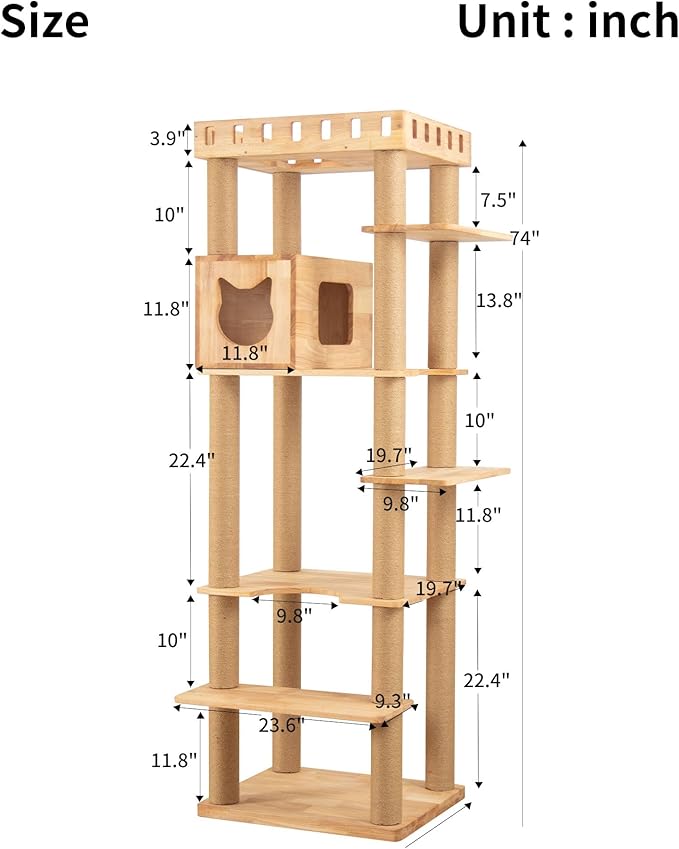 74" Wooden Cat Tree Tower for Large Cats, Multi-Level Cat Climbing Furniture with Scratching Posts, Cat Condo & Hammock, Natural Wood Cat Activity Center(Brown)
