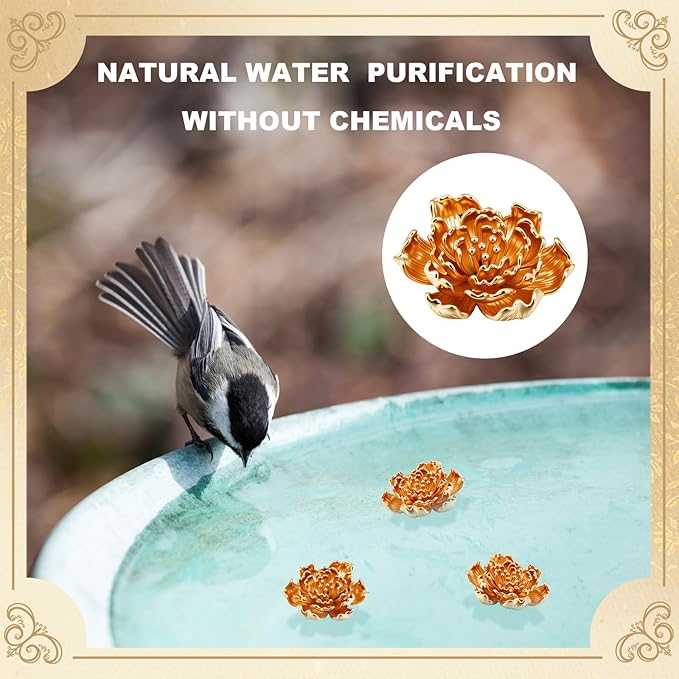 4 Pcs Mini Peony Shape Copper Bath Disk Ornaments Brass Bird Bath Purification Disks Birdbath Cleaner Single 0.6 oz Weight Universal Fit for Outdoor Birdbaths, Bowl