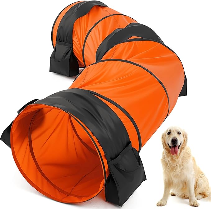 28 in 10 Foot Orange Extra Large Dog Agility Tunnel with Sandbags Dogs Agility Training Equipment Tunnel with 3 Pack Sandbags Carry Bag and 4 Ground Spikes for All Medium and Large Dogs