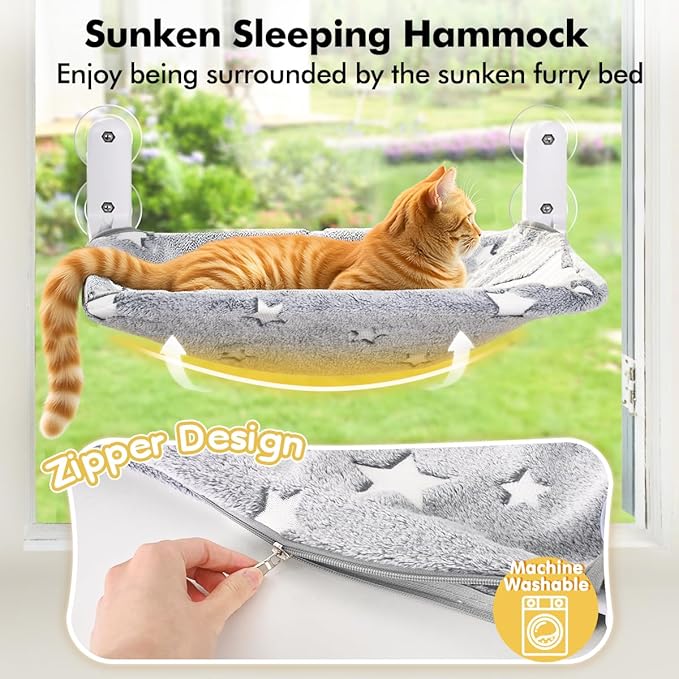 2PC Cat Window Perch, Glow in The Dark Cordless Foldable Pet Hammock Bed for Window with Sturdy Metal Frame, Glowing Stars Pattern Resting Seat for Indoor Cats (2PC Stars - L)