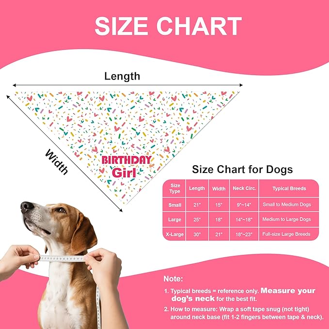 Dog Birthday Bandana Girl for Small Dogs, Reversible 2 Patterns in 1, White & Pink Confetti Scarf, Puppy Party Outfit Gift (9-14" Neck)